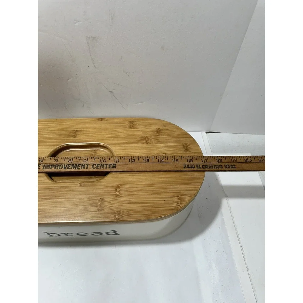SveBake Bread Box Metal With Bamboo Top Cutting Board Lid Beautiful 